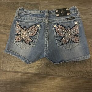 Miss Me Blue Jean Shorts with Purple Butterfly Embellishments